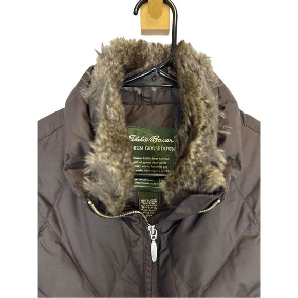 Eddie Bauer Goose Down Puffer Vest Women's Small Brown Full Zip Pockets Faux Fur - Picture 7 of 8